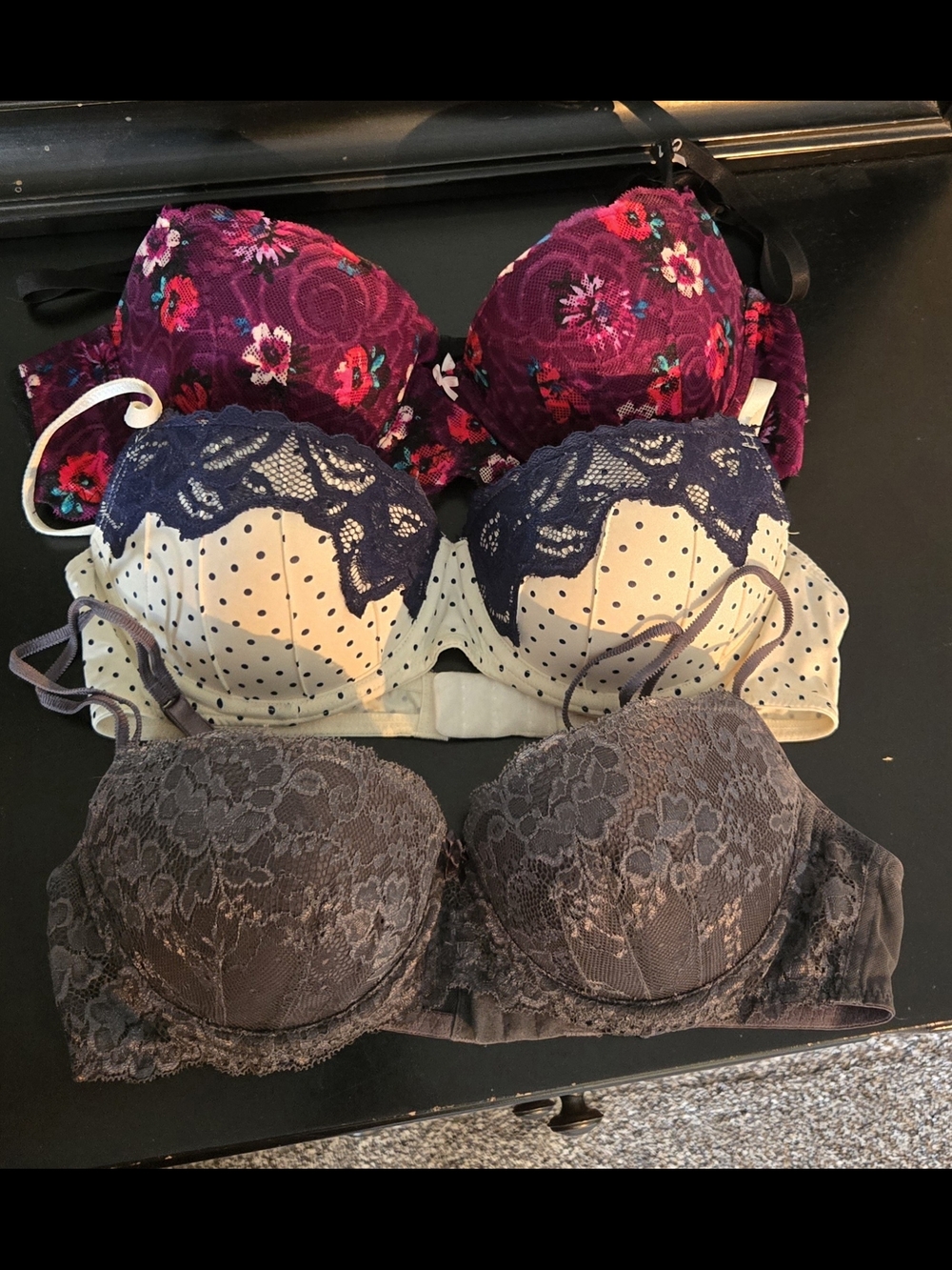 Candie's 36B Push-Up Bras — Purple Floral, Navy & Cream Polka, Gray Lace. 3 Bras